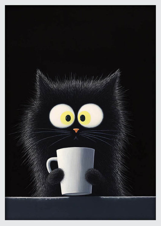 Funny Black Cat Holding Coffee Mug – Cute Cartoon Animal Art Print – T1170 – AiPrintLab