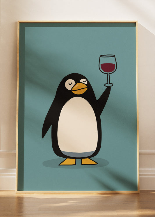 Funny Penguin Wine Canvas Print & Poster – Minimalist Cartoon Animal Wall Art – AI PRINT LAB