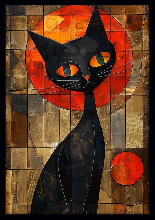 Geometric Black Cat with Orange Sun – Abstract Art Poster & Canvas Print – T926 – AiPrintLab