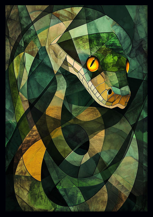 Geometric Serpent – Abstract Snake Art in Green Mosaic Style – T883 – AiPrintLab