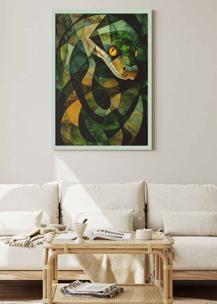 Geometric Snake Art Print & Canvas – Abstract Green Serpent Wall Art