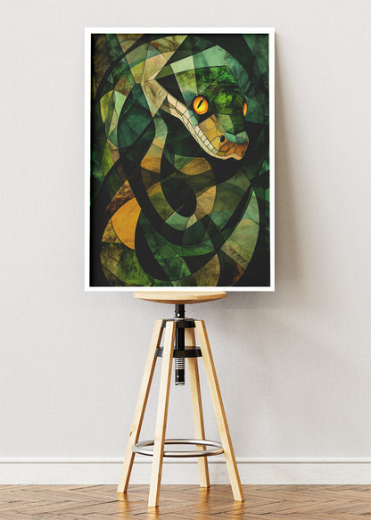 Geometric Snake Art Print & Canvas – Abstract Green Serpent Wall Art