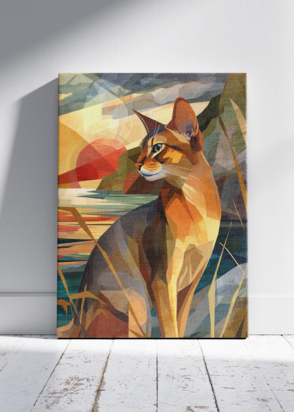 Geometric Sunset Cat Poster & Canvas Print – Modern Abstract Animal Art