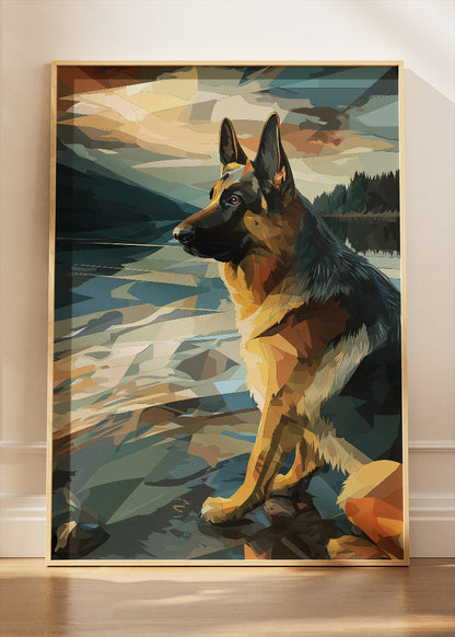 German Shepherd Lake Wall Art Poster & Canvas Print – Modern Geometric Dog Illustration
