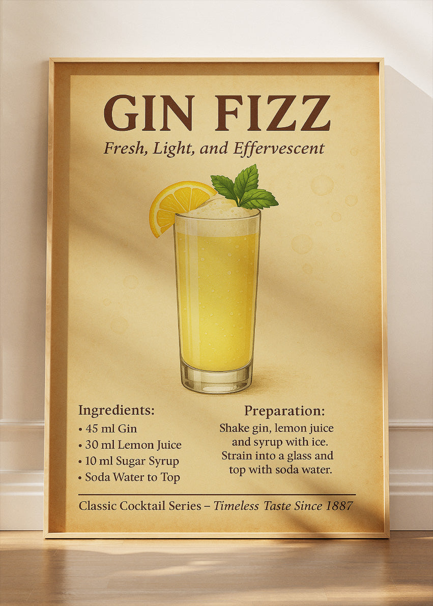 Gin Fizz Cocktail Poster & Canvas Print | Vintage Gin Drink Recipe Wall Art