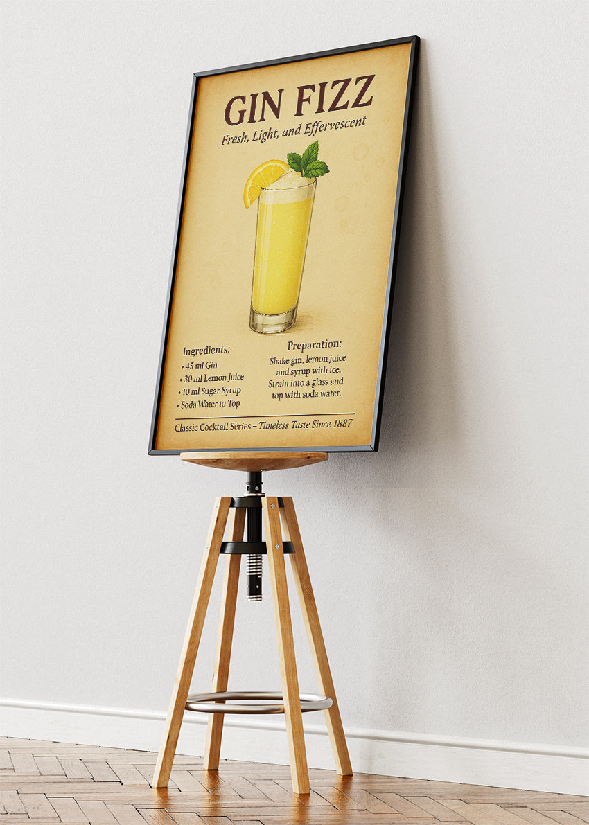 Gin Fizz Cocktail Poster & Canvas Print | Vintage Gin Drink Recipe Wall Art