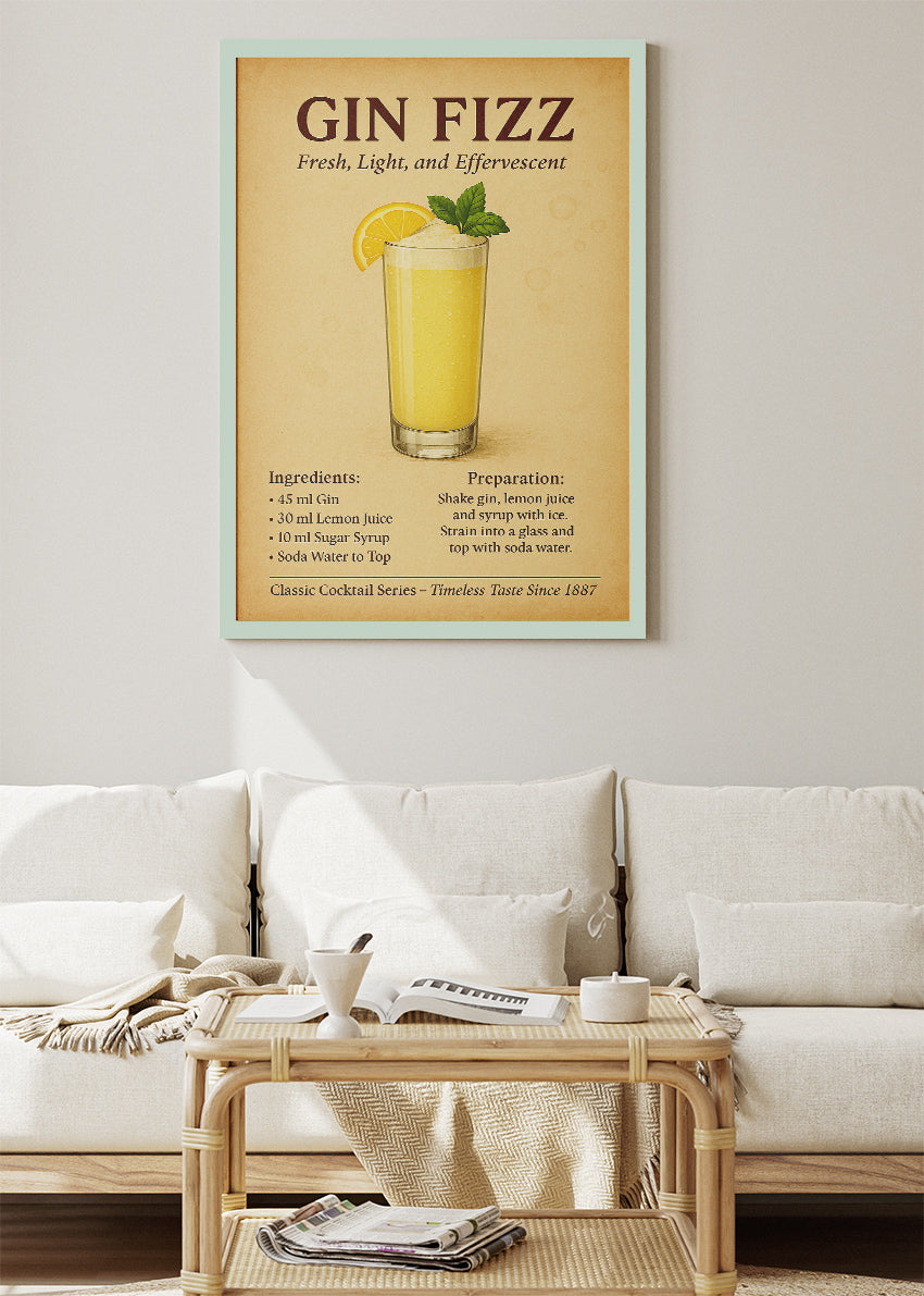 Gin Fizz Cocktail Poster & Canvas Print | Vintage Gin Drink Recipe Wall Art