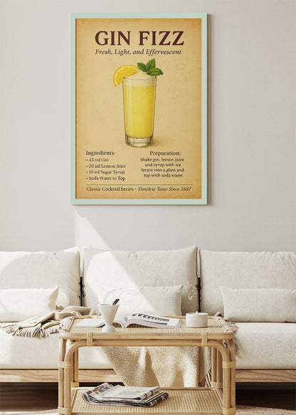 Gin Fizz Cocktail Poster & Canvas Print | Vintage Gin Drink Recipe Wall Art