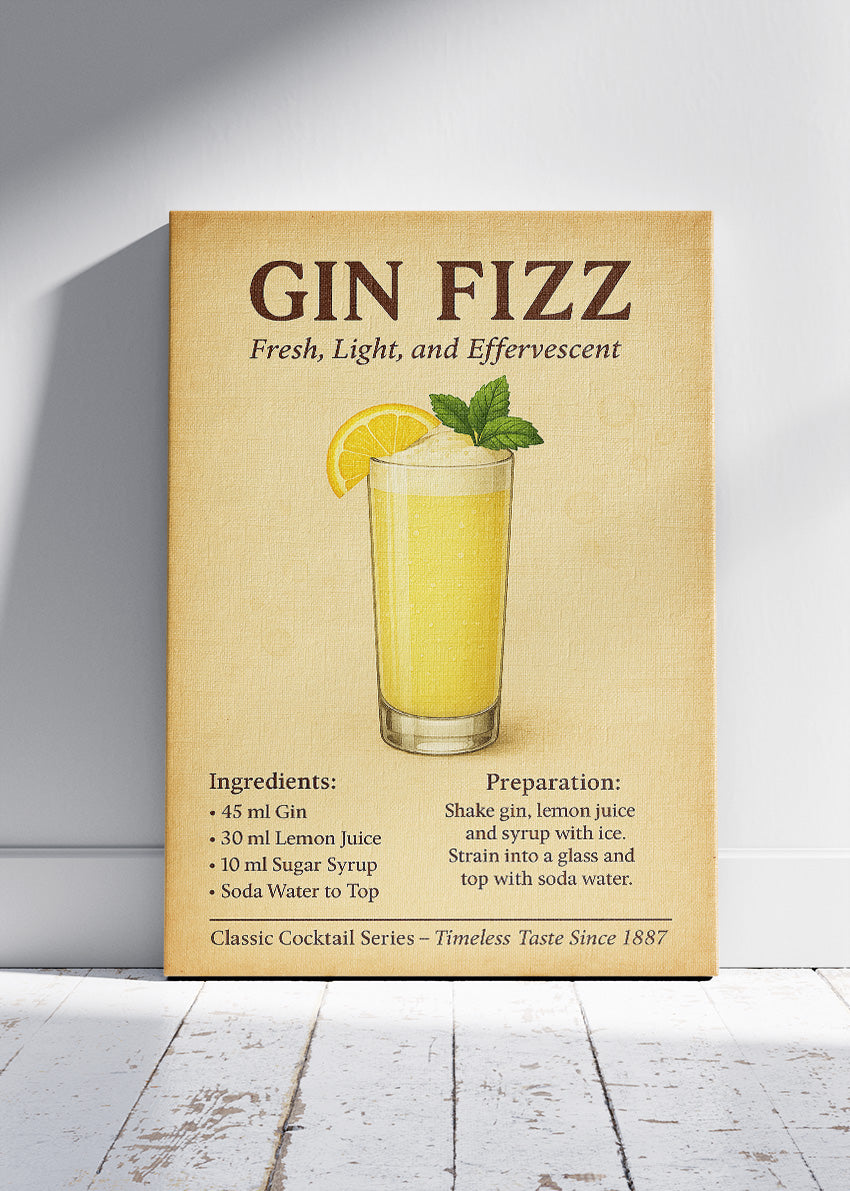 Gin Fizz Cocktail Poster & Canvas Print | Vintage Gin Drink Recipe Wall Art
