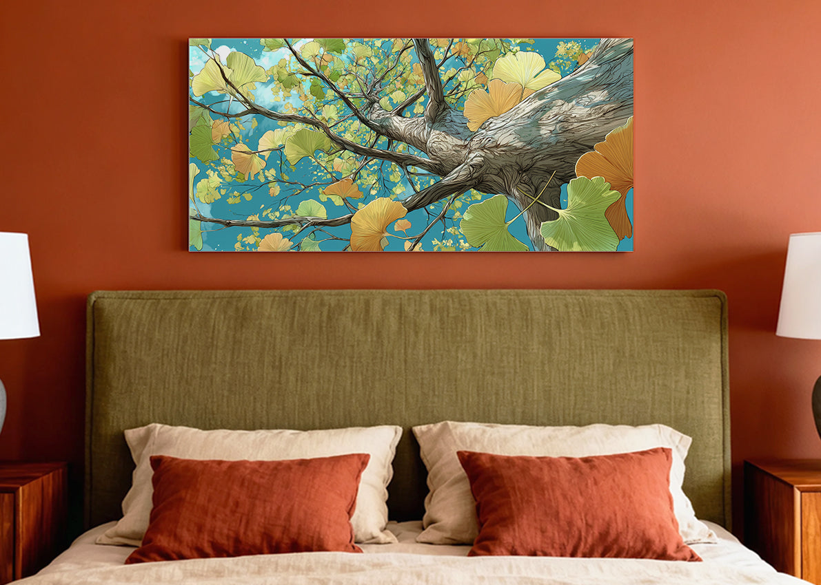 Ginkgo Tree Perspective Canvas Wall Art – Modern Botanical Nature Painting – Single & 3 Panel Canvas – AI PRINT LAB