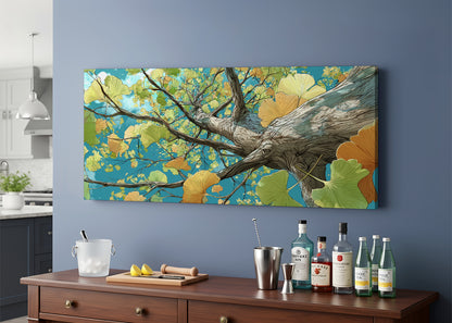 Ginkgo Tree Perspective Canvas Wall Art – Modern Botanical Nature Painting – Single & 3 Panel Canvas – AI PRINT LAB