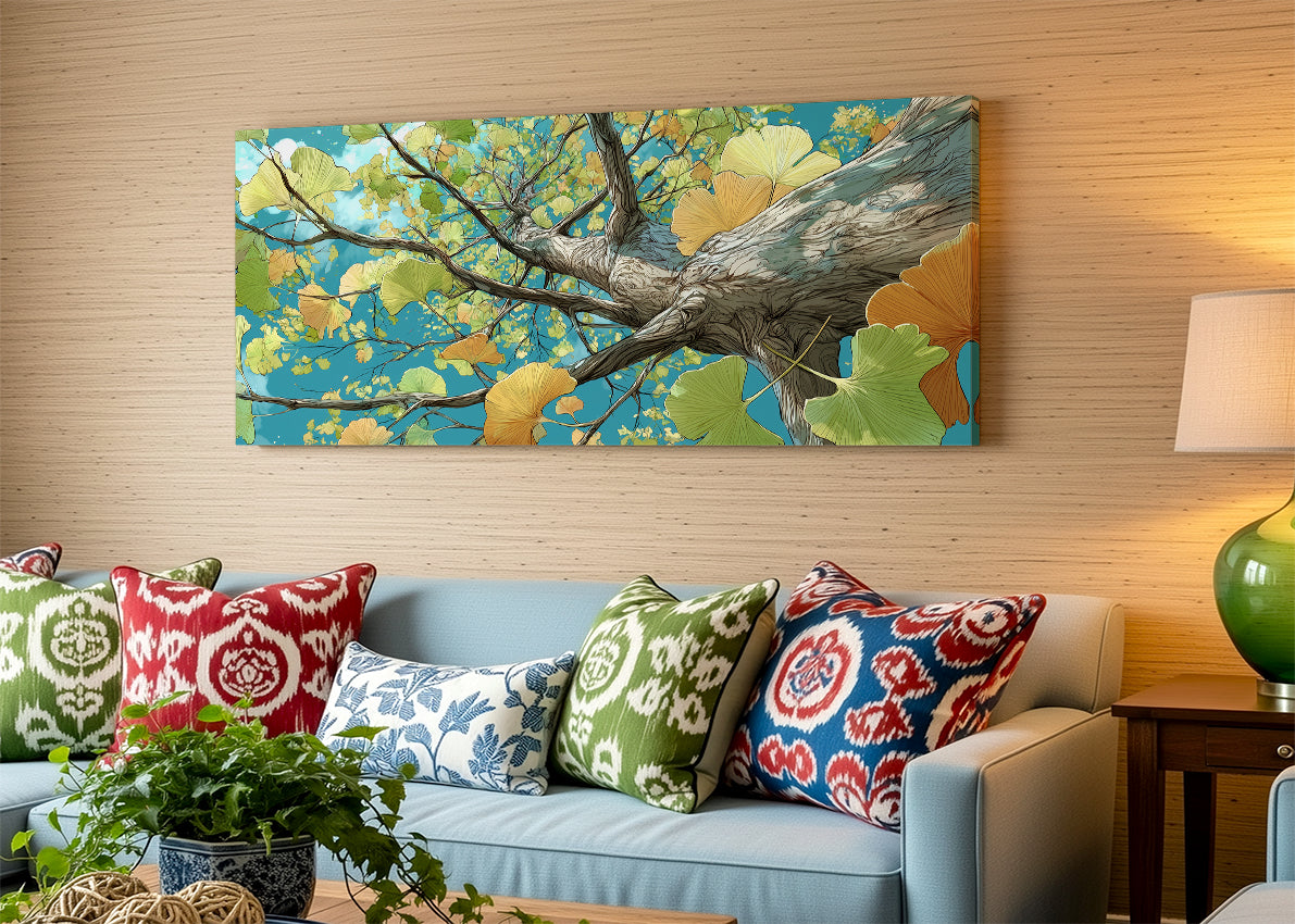 Ginkgo Tree Perspective Canvas Wall Art – Modern Botanical Nature Painting – Single & 3 Panel Canvas – AI PRINT LAB