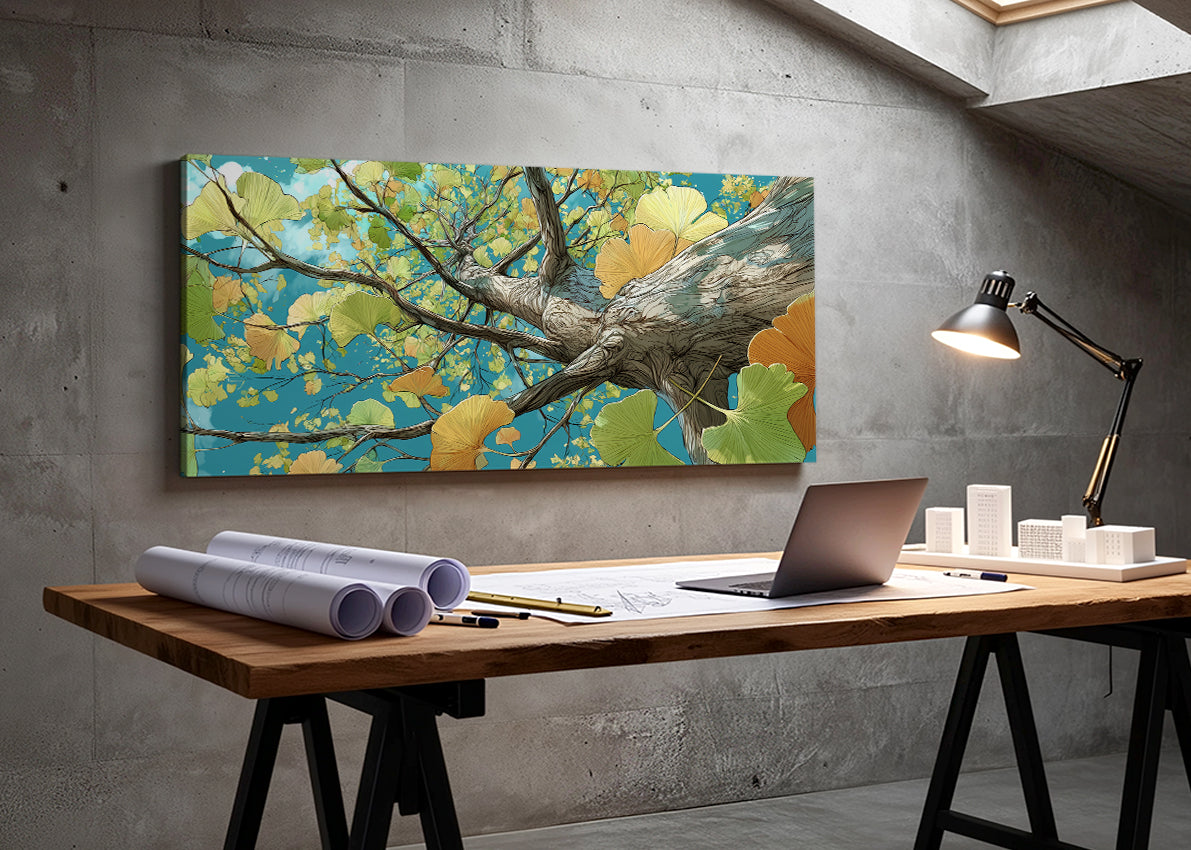 Ginkgo Tree Perspective Canvas Wall Art – Modern Botanical Nature Painting – Single & 3 Panel Canvas – AI PRINT LAB