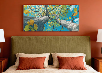 Ginkgo Tree Sky View Canvas Wall Art – Vibrant Botanical Nature Painting – Single & 3 Panel Canvas – AI PRINT LAB
