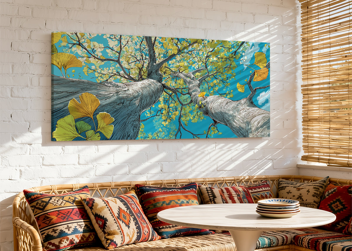 Ginkgo Tree Sky View Canvas Wall Art – Vibrant Botanical Nature Painting – Single & 3 Panel Canvas – AI PRINT LAB