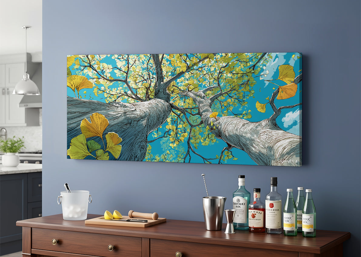 Ginkgo Tree Sky View Canvas Wall Art – Vibrant Botanical Nature Painting – Single & 3 Panel Canvas – AI PRINT LAB