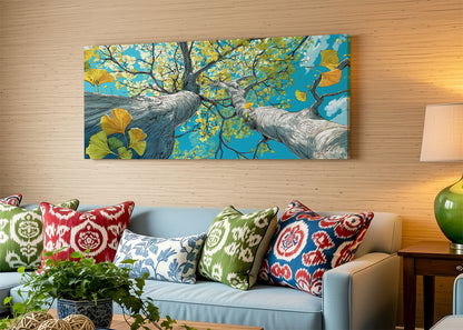 Ginkgo Tree Sky View Canvas Wall Art – Vibrant Botanical Nature Painting – Single & 3 Panel Canvas – AI PRINT LAB