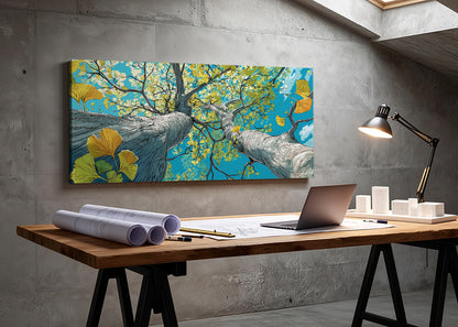 Ginkgo Tree Sky View Canvas Wall Art – Vibrant Botanical Nature Painting – Single & 3 Panel Canvas – AI PRINT LAB