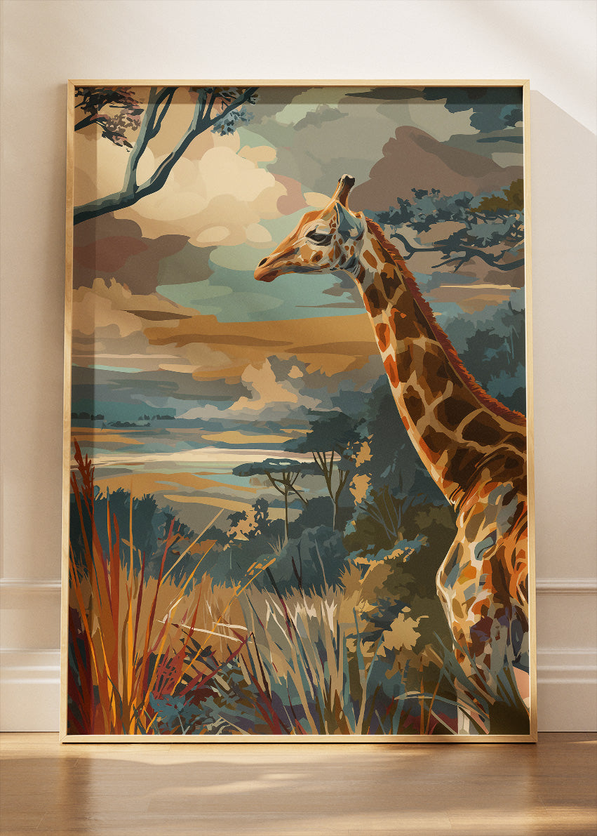 Giraffe Safari Canvas Print & Poster – Modern Wildlife Landscape Wall Art