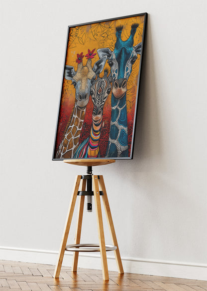 Giraffe & Zebra Trio Canvas Print & Poster – Colourful Safari Wall Art