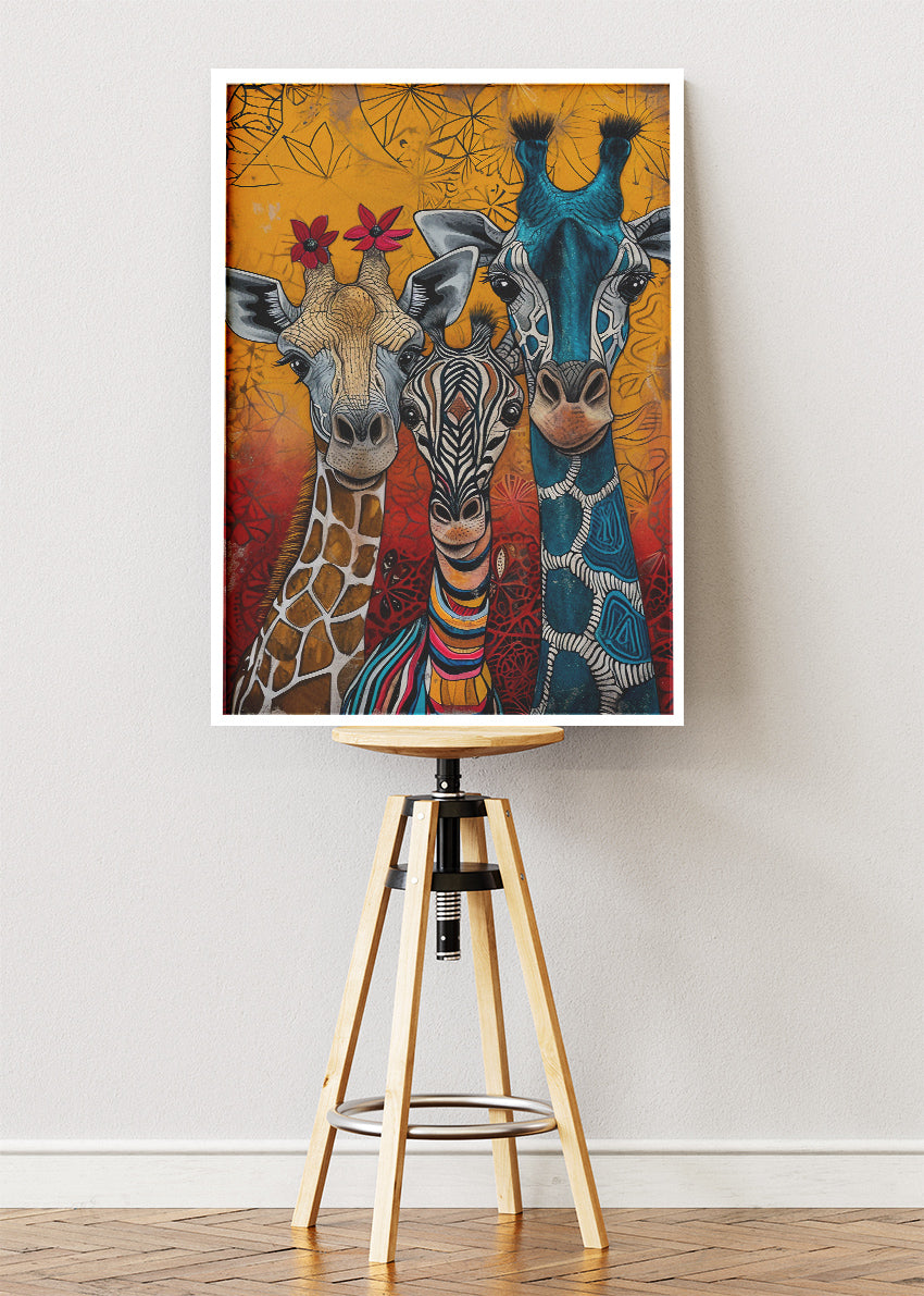 Giraffe & Zebra Trio Canvas Print & Poster – Colourful Safari Wall Art