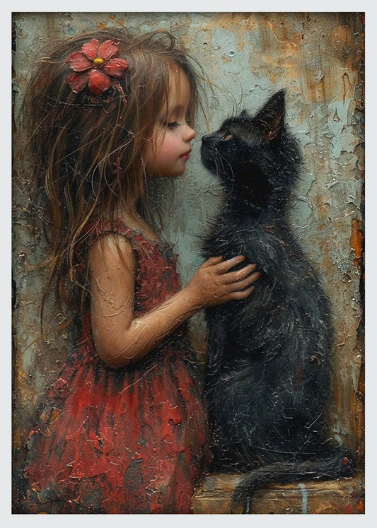 Girl & Black Cat – Emotional Friendship Canvas & Poster Wall Art – T1225 – AiPrintLab