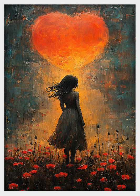 Girl in Poppy Field Under Glowing Heart – Emotional Silhouette Canvas & Poster Wall Art – T1279 – AiPrintLab