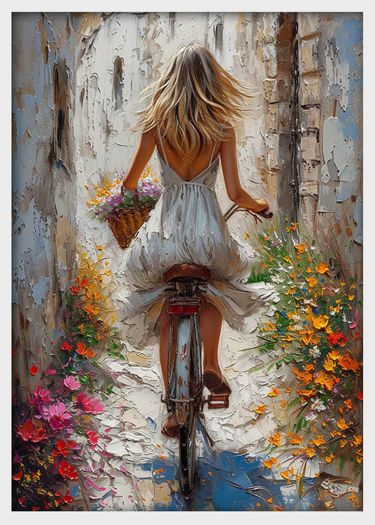 Girl on Bicycle Canvas Wall Art & Poster Print | Romantic Floral Ride Painting – T1329 – Aiprintlab