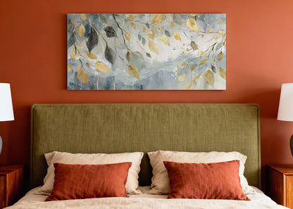 Gold & Blue Botanical Leaves Canvas Wall Art – Elegant Nature Painting – Single & 3 Panel Canvas – AI PRINT LAB