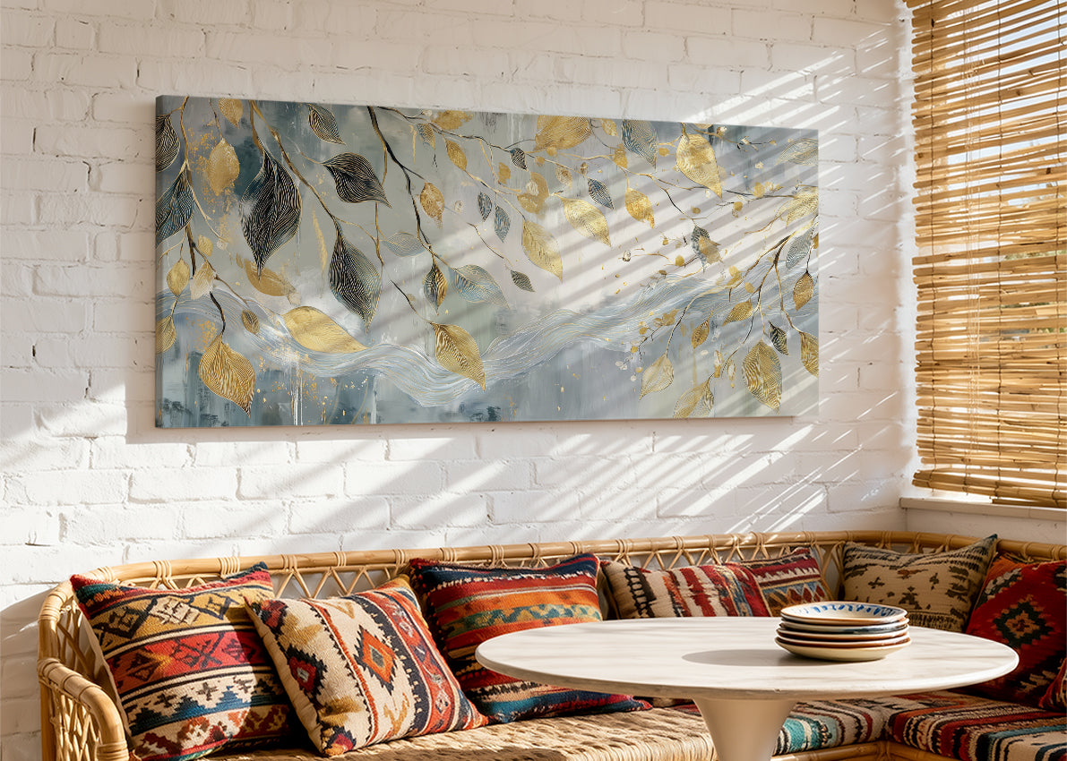 Gold & Blue Botanical Leaves Canvas Wall Art – Elegant Nature Painting – Single & 3 Panel Canvas – AI PRINT LAB
