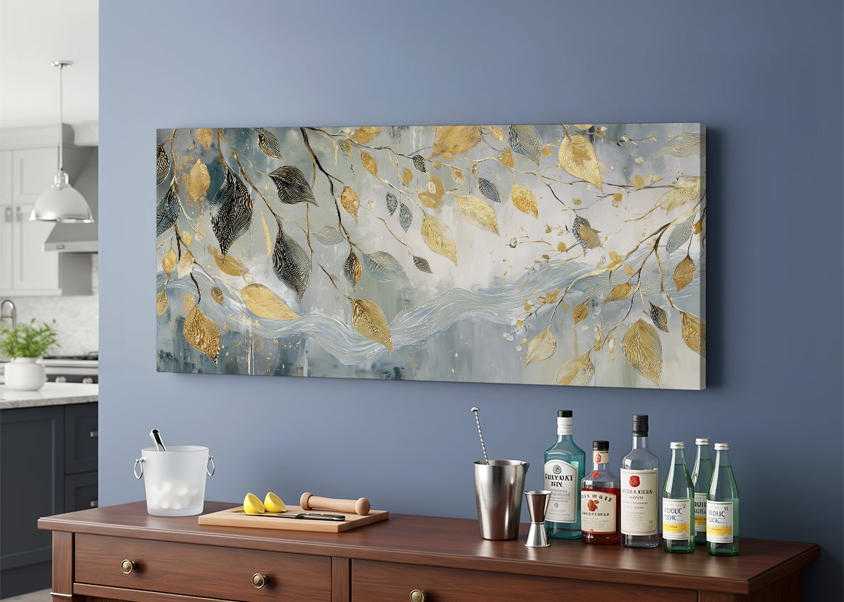 Gold & Blue Botanical Leaves Canvas Wall Art – Elegant Nature Painting – Single & 3 Panel Canvas – AI PRINT LAB