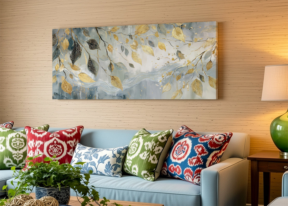 Gold & Blue Botanical Leaves Canvas Wall Art – Elegant Nature Painting – Single & 3 Panel Canvas – AI PRINT LAB