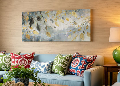 Gold & Blue Botanical Leaves Canvas Wall Art – Elegant Nature Painting – Single & 3 Panel Canvas – AI PRINT LAB