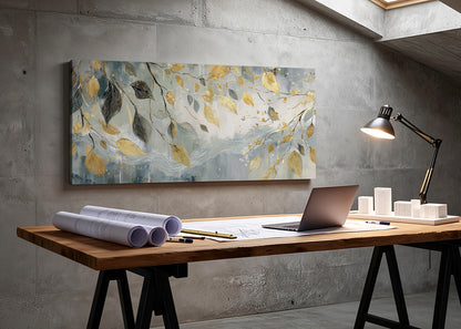 Gold & Blue Botanical Leaves Canvas Wall Art – Elegant Nature Painting – Single & 3 Panel Canvas – AI PRINT LAB