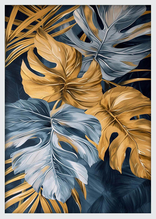 Gold & Blue Tropical Leaves – Elegant Botanical Canvas & Poster Wall Art – T1229 – AiPrintLab