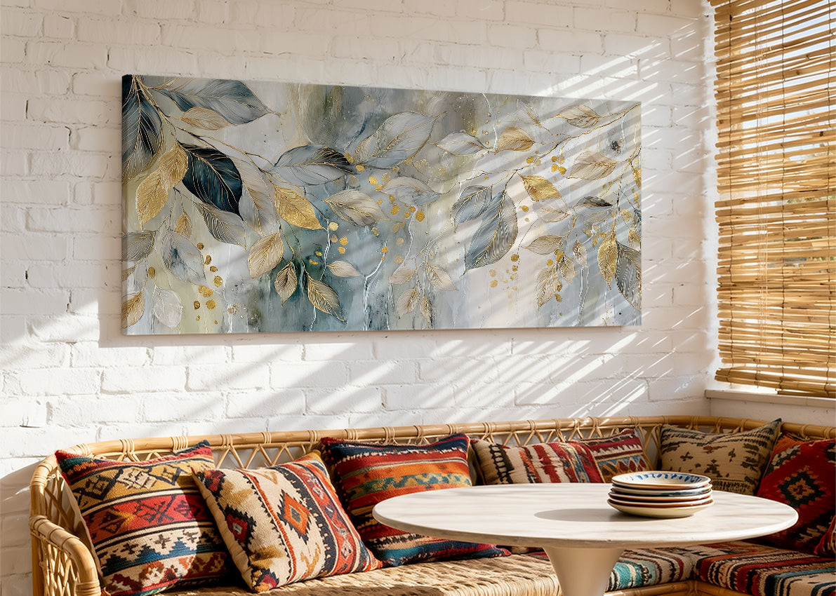 Gold Botanical Leaves Canvas Wall Art – Elegant Modern Nature Painting – Single & 3 Panel Canvas – AI PRINT LAB
