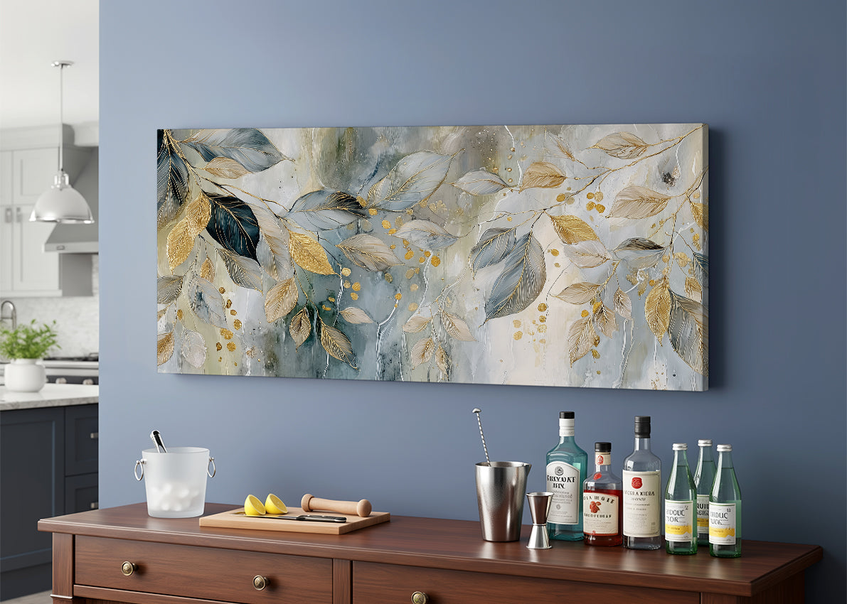 Gold Botanical Leaves Canvas Wall Art – Elegant Modern Nature Painting – Single & 3 Panel Canvas – AI PRINT LAB