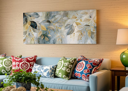 Gold Botanical Leaves Canvas Wall Art – Elegant Modern Nature Painting – Single & 3 Panel Canvas – AI PRINT LAB