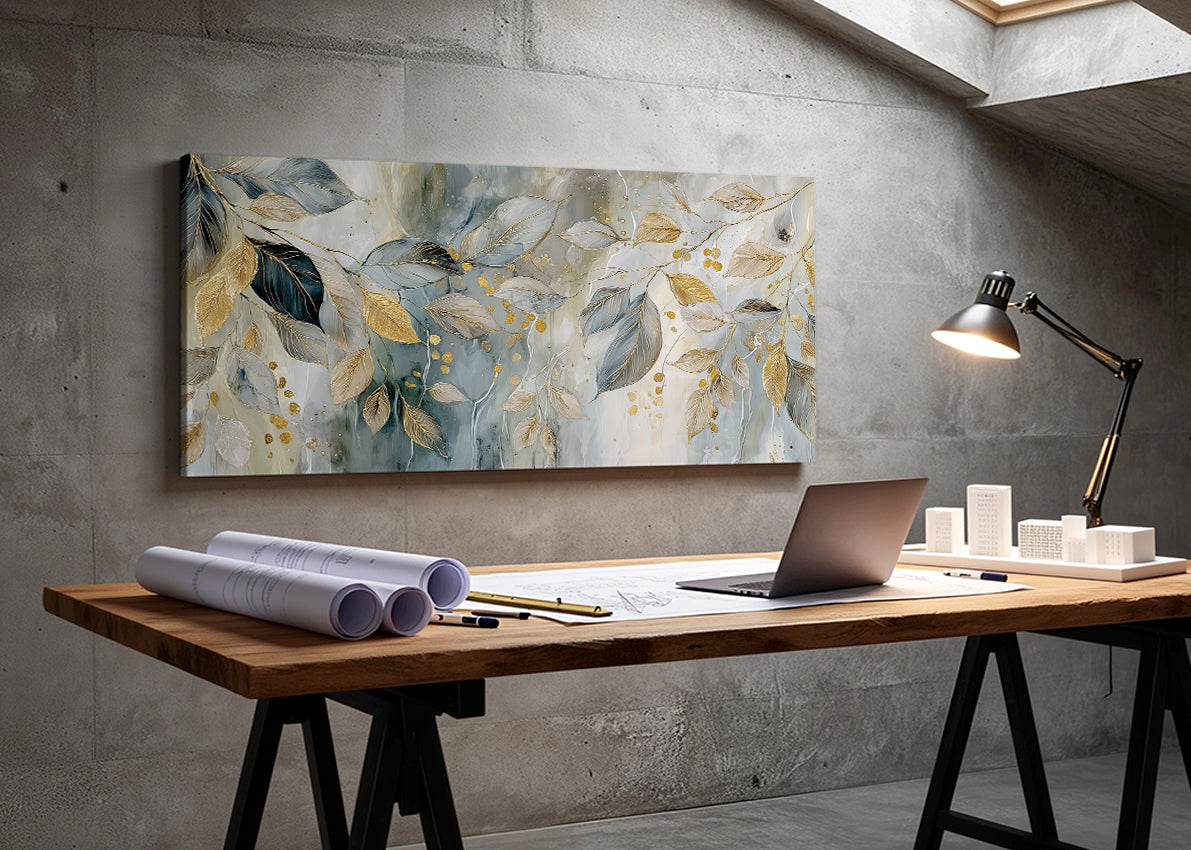 Gold Botanical Leaves Canvas Wall Art – Elegant Modern Nature Painting – Single & 3 Panel Canvas – AI PRINT LAB