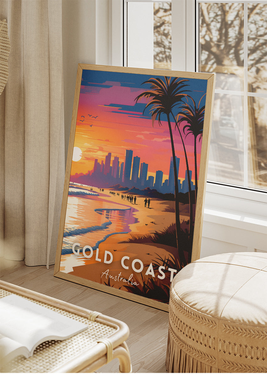 Gold Coast Australia Travel Poster & Canvas Wall Art – Sunset Beach Skyline Print – AIPRINTLAB