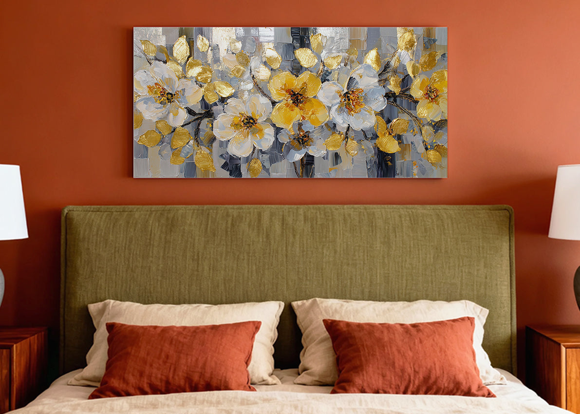 Gold & White Floral Canvas Wall Art – Elegant Modern Flower Painting – Single & 3 Panel Canvas – AI PRINT LAB