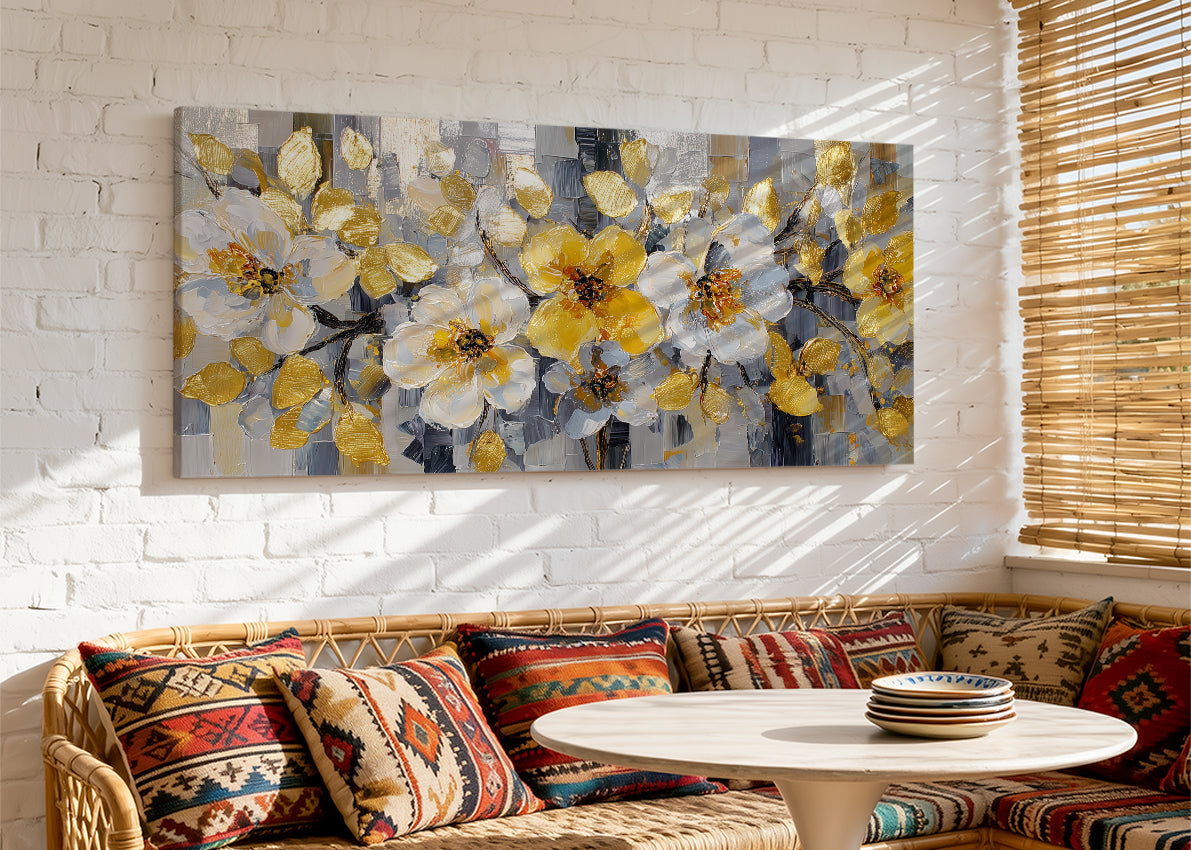 Gold & White Floral Canvas Wall Art – Elegant Modern Flower Painting – Single & 3 Panel Canvas – AI PRINT LAB