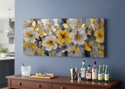 Gold & White Floral Canvas Wall Art – Elegant Modern Flower Painting – Single & 3 Panel Canvas – AI PRINT LAB