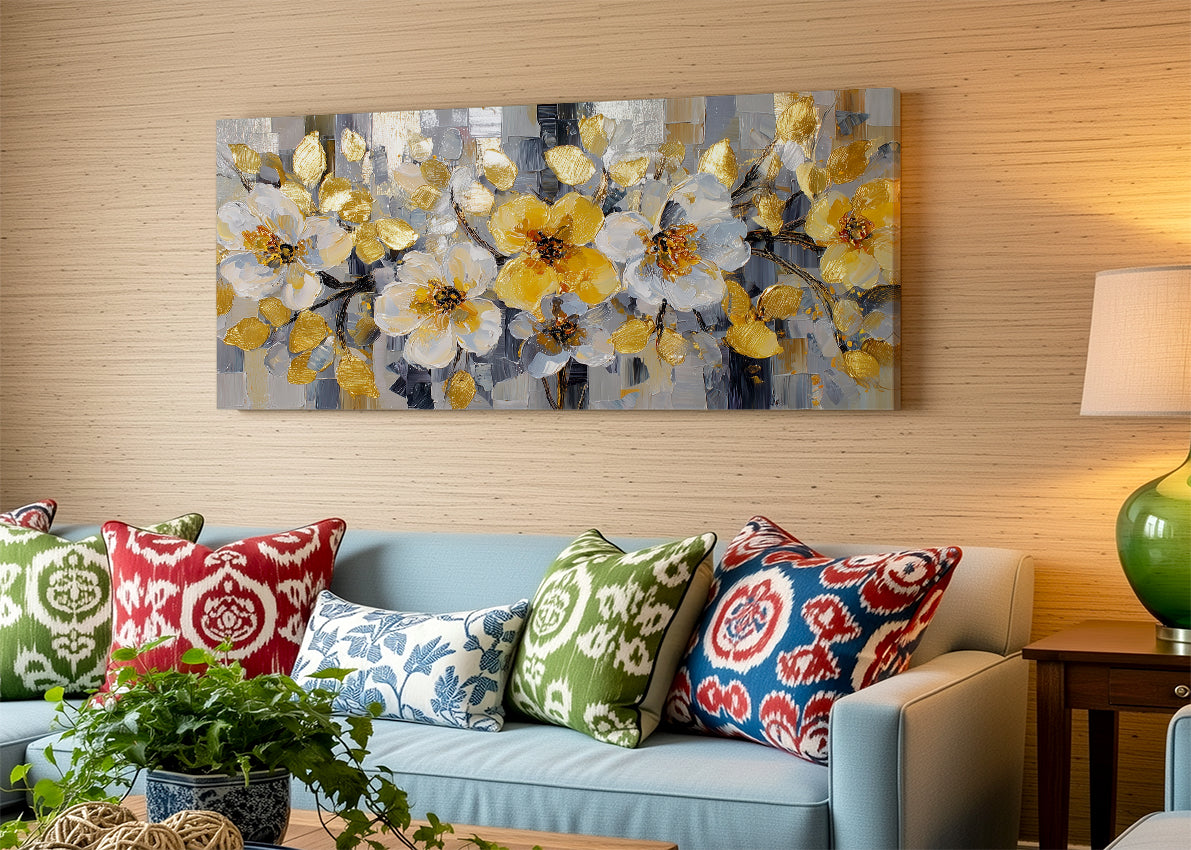 Gold & White Floral Canvas Wall Art – Elegant Modern Flower Painting – Single & 3 Panel Canvas – AI PRINT LAB