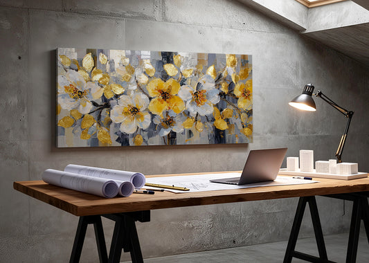 Gold & White Floral Canvas Wall Art – Elegant Modern Flower Painting – Single & 3 Panel Canvas – AI PRINT LAB