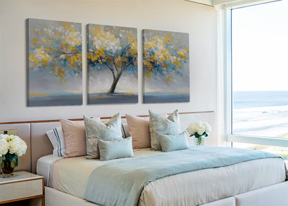 Golden Abstract Tree Canvas Wall Art – Modern Nature Landscape Painting – Single & 3 Panel Canvas – AI PRINT LAB
