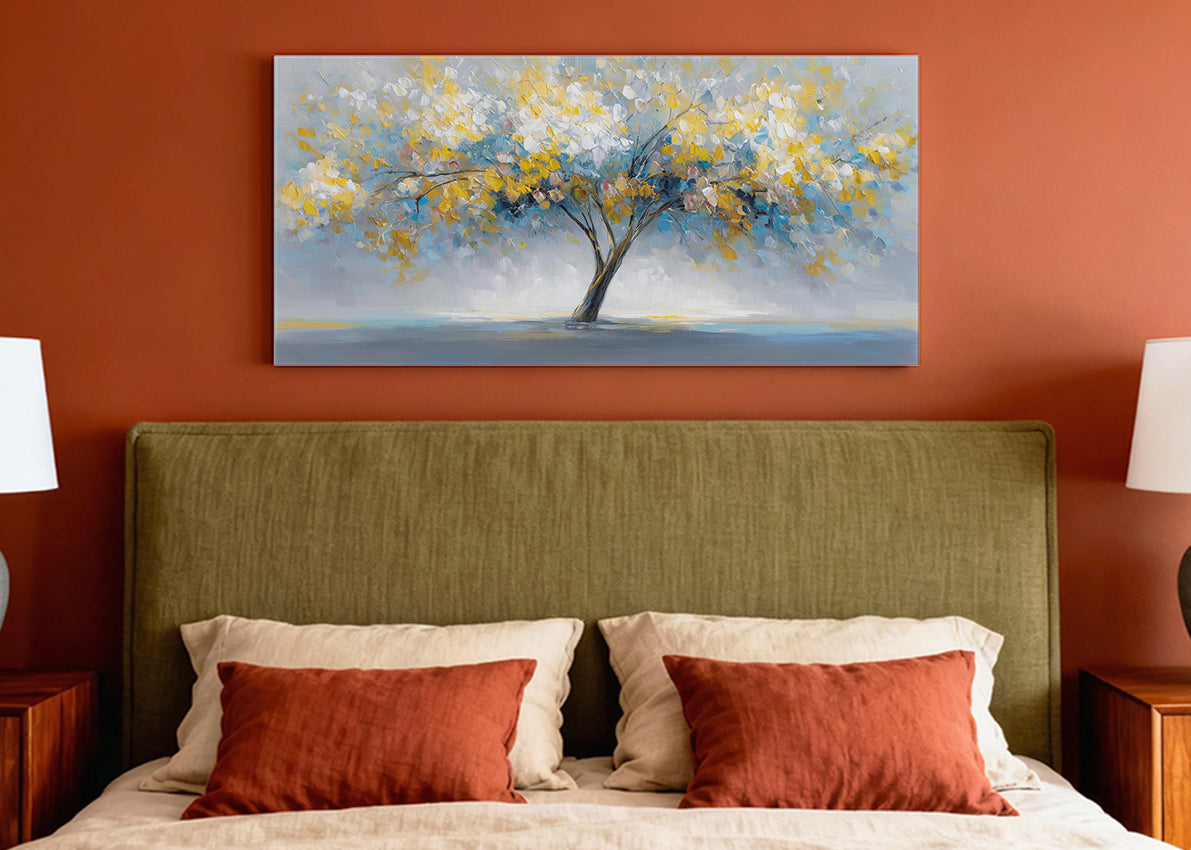 Golden Abstract Tree Canvas Wall Art – Modern Nature Landscape Painting – Single & 3 Panel Canvas – AI PRINT LAB