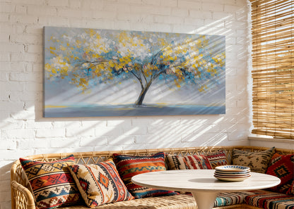 Golden Abstract Tree Canvas Wall Art – Modern Nature Landscape Painting – Single & 3 Panel Canvas – AI PRINT LAB