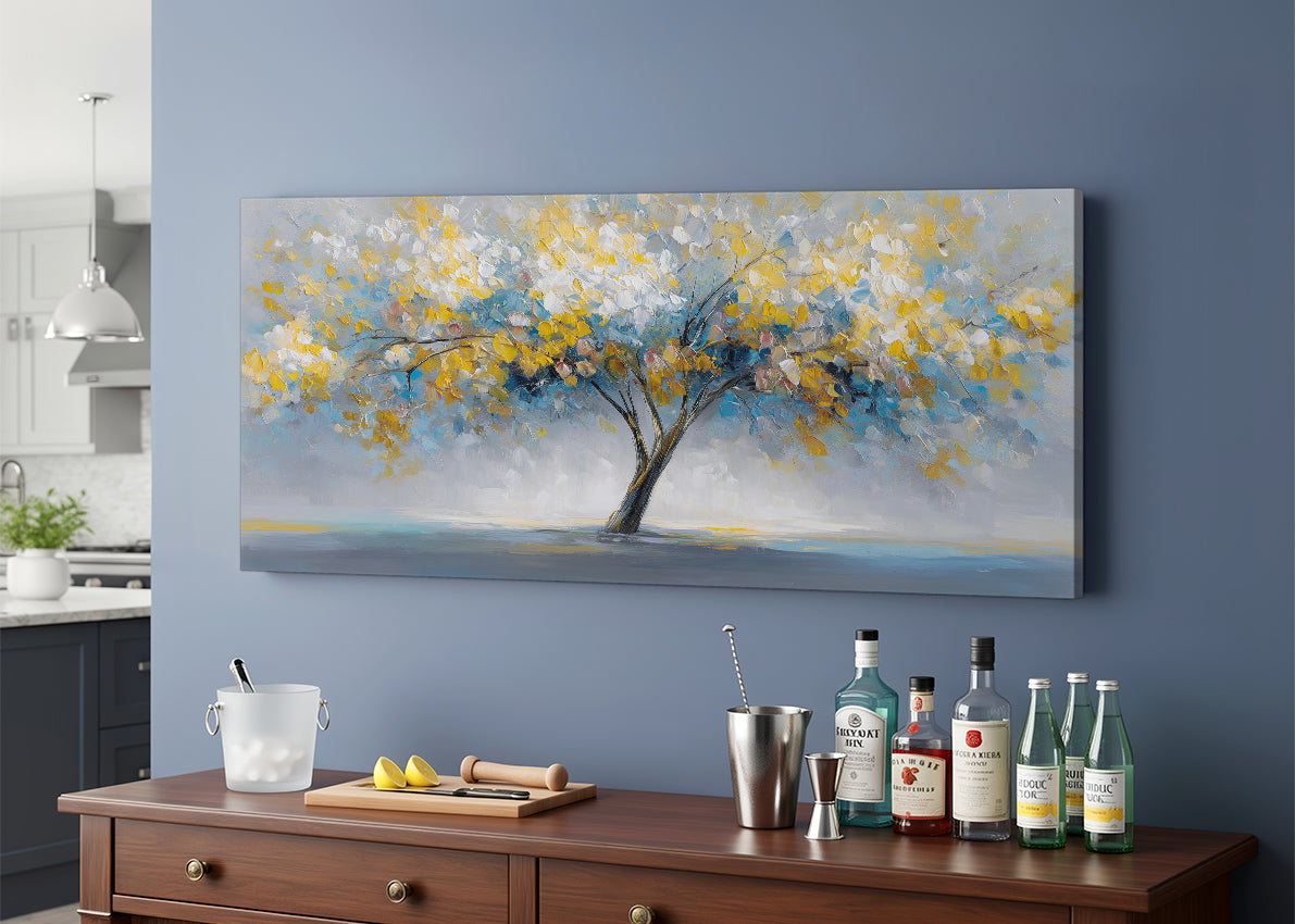 Golden Abstract Tree Canvas Wall Art – Modern Nature Landscape Painting – Single & 3 Panel Canvas – AI PRINT LAB