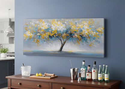 Golden Abstract Tree Canvas Wall Art – Modern Nature Landscape Painting – Single & 3 Panel Canvas – AI PRINT LAB